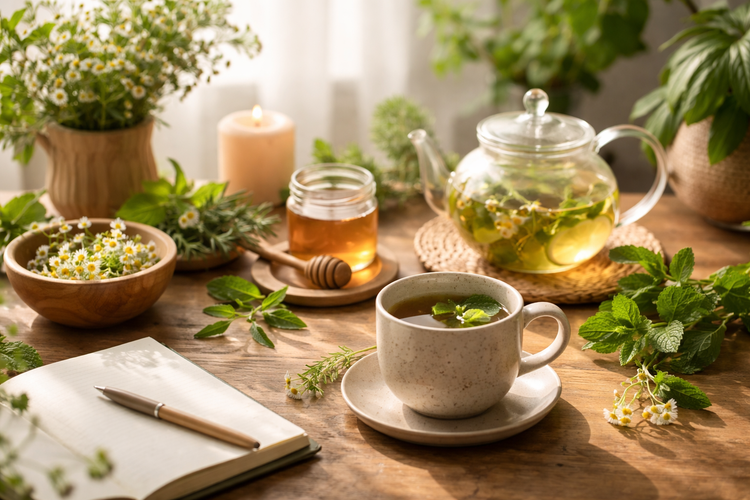 peaceful morning routine with herbal tea and fresh plants on wooden table, soft natural lighting, wellness concept